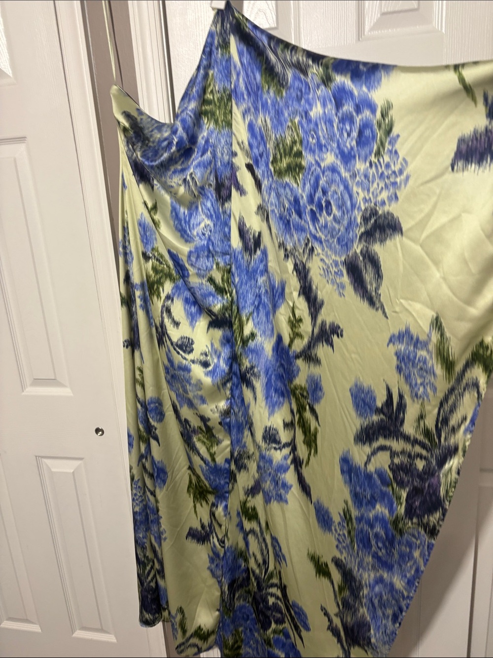 BHLDN Light Green Satin Maxi Dress with Blue Floral Print